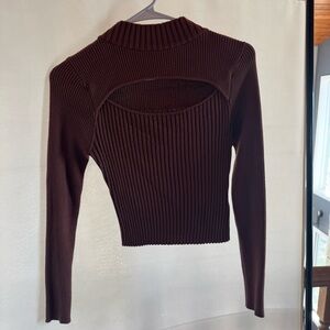 Ribbed Mock Neck Cutout Sweater  in chocolate brown